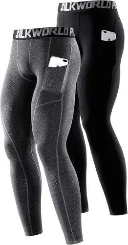 Miniatura 34 de SILKWORLD Paquete de 1 a 3 pantalones de compresión para hombre, con bolsillos, leggings de gimnasio y secado fresco