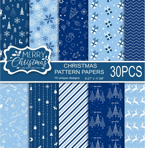 MIAHART Juego de 30 hojas de papel con patrón de Feliz Navidad, tamaño A4, 10 diseños, papel decorativo de doble cara para hacer tarjetas, álbumes