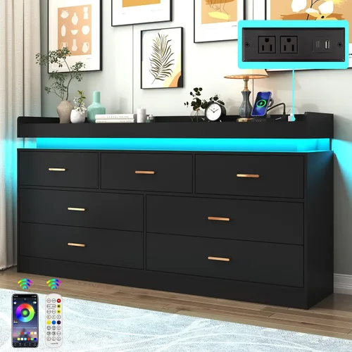 Miniatura 14 de Hlivelood Cómoda de 8 cajones con luz LED y estación de carga, cómoda moderna para armario, armario organizador de cajones anchos para dormitorio