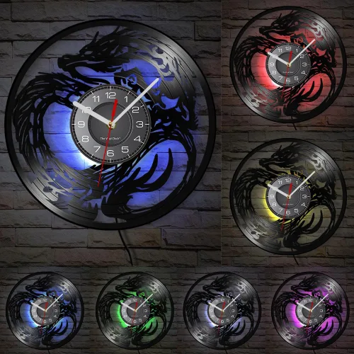 Miniatura 4 de Reloj de pared con diseño de dragón de 12 pulgadas, 7 cambios de color, decoración medieval de fantasía, disco de vinilo, reloj de pared de dragones