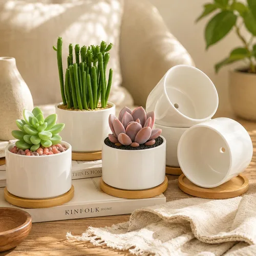 Miniatura 7 de ZOUTOG Macetas de Cerámica para Suculentas, Macetas de 4 Pulgadas, Macetas para Suculentas con Orificio de Drenaje y Bandeja de Bambú para Plantas