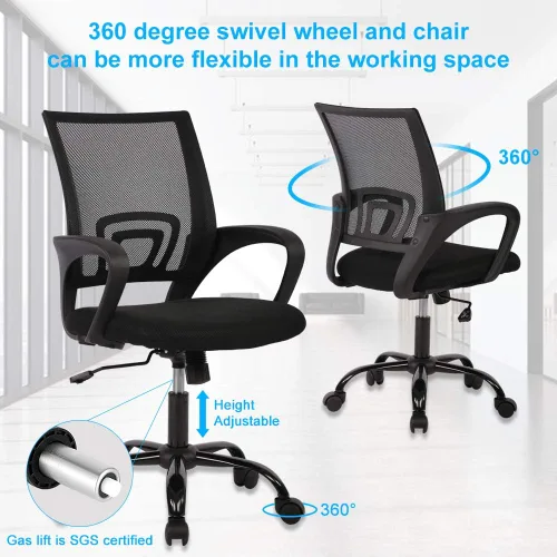 Miniatura 5 de Silla de oficina ergonómica de malla con respaldo medio, soporte lumbar, ajustable, giratoria, enrollable, silla de escritorio rosa con brazos