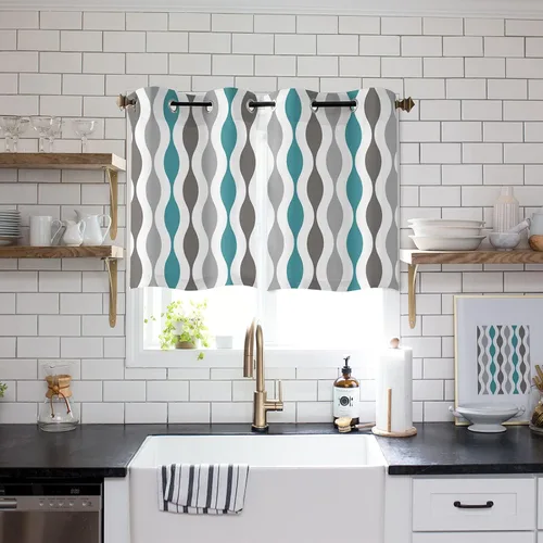 Libaoge Paneles de cortinas para cocina, diseño geométrico moderno de mediados de siglo, color gris cian, filtrante de luz, con ojales, para