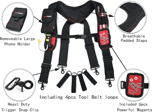 Miniatura 8 de MELOTOUGH Tirantes Magnéticos para Cinturón de Herramientas con Pulsera Magnética de Muñeca para Cinturón de Trabajo Tirantes Acolchados de Rojo