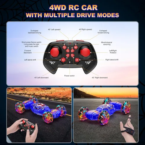 Miniatura 7 de Auto de control remoto, auto de acrobacias RC con detección de gestos, vehículo todoterreno transformado 4WD para rotación y deriva de 360°, autos