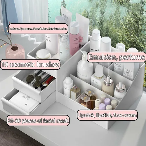 Miniatura 6 de Organizador de escritorio de maquillaje con cajones, organizador de cuidado de la piel para cosméticos, soporte de tocador para lápiz labial