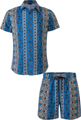 Atwfo Camisas hawaianas para hombre, estilo casual, con botones, manga corta, pantalones cortos estampados, para verano, playa, tropical, hawaiano,