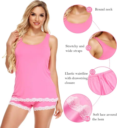 Miniatura 4 de WiWi Bamboo Viscose Pajamas for Women Soft Sleeveless Tank Top with Shorts Pajama Sets Scoop Neck Lace Hem Sleepwear S-4X