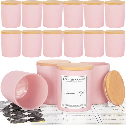Creahaus Paquete de 16 tarros de vela gruesos de 10 onzas con tapas de bambú para hacer velas, recipientes de vela de vidrio vacío rosa a granel y
