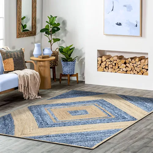 Miniatura 4 de Collection - Alfombra rectangular de 2 x 3 pies, alfombra trenzada azul de algodón y yute, alfombra geométrica kilim para interiores y exteriores
