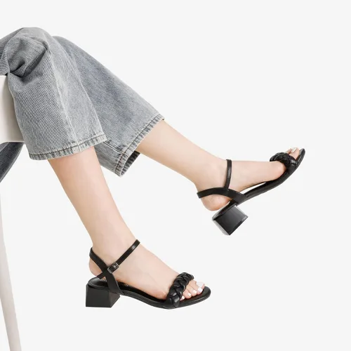 Miniatura 24 de DREAM PAIRS Zapatos de tacón bajo para mujer con correa de tobillo y puntera abierta trenzada, tacón grueso, sandalias de tacón grueso para fiestas