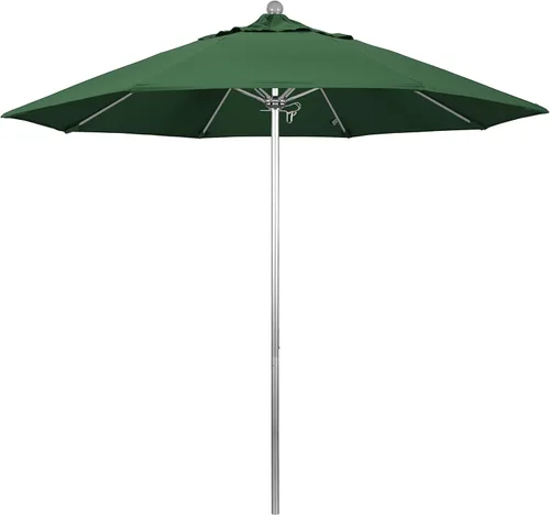 California Umbrella Paraguas redondo de aluminio/fibra de vidrio de 9 pies, empuje abierto, poste plateado, verde cazador de olefina