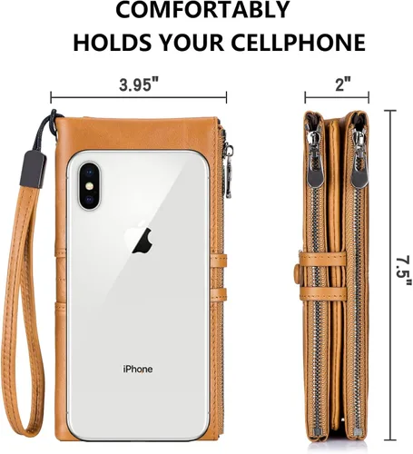 Miniatura 4 de Roulens Cartera para mujer de gran capacidad de cuero genuino plegable con bloqueo RFID tarjetero con bolsillo con cremallera