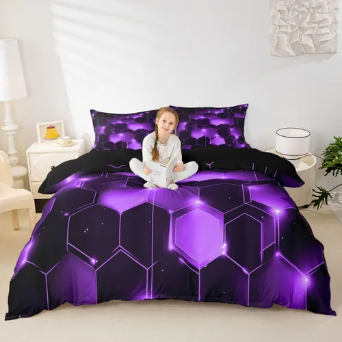 Miniatura 25 de Funda de edredón hexagonal verde estereoscópica de nido de abeja para niños, diseño geométrico de colmena, funda de edredón geométrica de panal