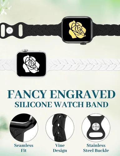 Miniatura 5 de JR.DM - Paquete de 2 bandas de silicona grabadas compatibles con Apple Watch de 38/40/41/42/44/45/46/49 mm, correa delgada y femenina de hoja