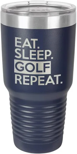 Miniatura 15 de Vaso con tapa superior deslizante y pajita de acero inoxidable para viaje con texto en inglés "EAT SLEEP GOLF REPEAT" de 76 ml en comparación