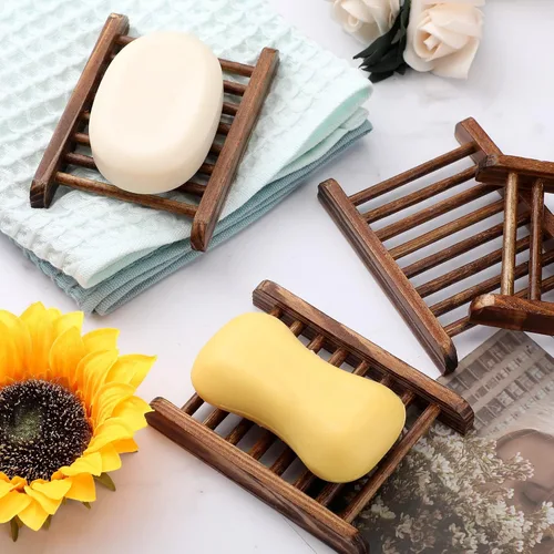 Miniatura 5 de Potchen Jabonera de bambú de madera artesanal para ducha, rectangular, bañera, ducha, plato de ducha, accesorios para el hogar, baño, esponjas