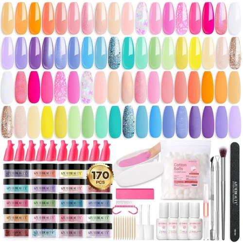 AZUREBEAUTY - Juego de 170 piezas de polvo de inmersión para uñas, 36 colores, rosa pastel, morado, azul, amarillo, set de polvo líquido primavera y