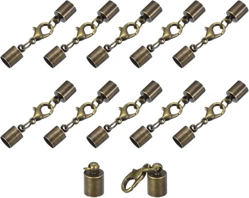 Miniatura 16 de uxcell Juego de 10 tapas de cuero de 0.315 in con cierres de pinza de langosta, terminadores de barril para hacer pulseras de cuero, tono bronce