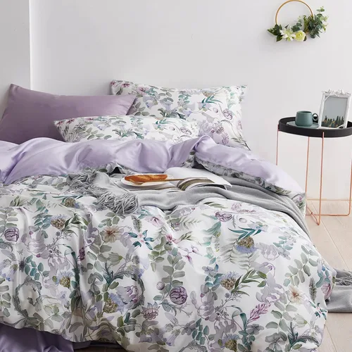 Miniatura 2 de Juego de funda de edredón estilo jardín floral, juego de ropa de cama de acuarela púrpura, flores suaves y lisas, patrón botánico verde, 3 piezas, 1