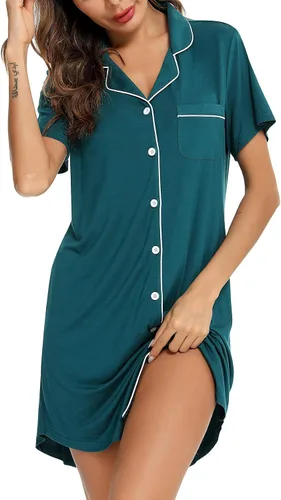 Miniatura 2 de Samring Camisón de pijama para mujer, manga corta/larga, con botones, camisón para dormir, camisón para novio, talla XXL