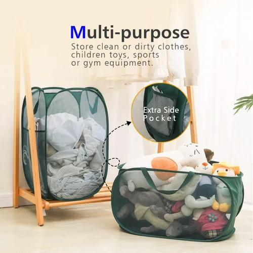 Miniatura 6 de HONOMA Cesta de Malla Resistente para Ropa Sucia Tipo Canasta Bolsa, Cesta Desplegable con Bolsillo Lateral para Cuarto de Lavado, Baño, Habitación