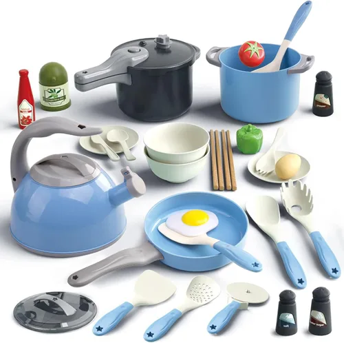Bruvoalon Juego de 32 juguetes de cocina para niños, accesorios de cocina con ollas, sartenes, utensilios de cocina, alimentos, verduras enlatadas,