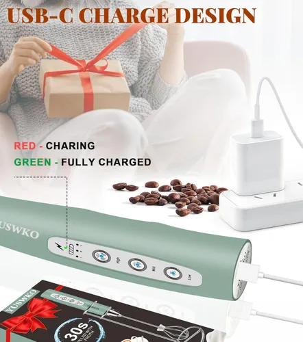 Miniatura 4 de YUSWKO - Espumador de leche de mano para café con soporte, mezclador de bebidas recargable con 3 cabezales, 3 velocidades, batidor eléctrico