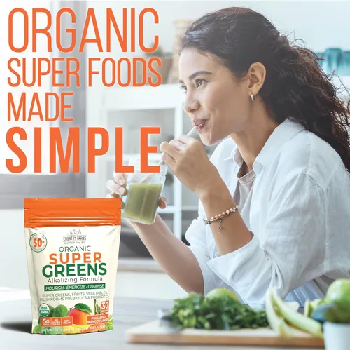 Miniatura 4 de Country Farms Super Greens Sabor piña y mango, 50 súper alimentos orgánicos, mezcla de bebida orgánica USDA (pasto de trigo, espirulina, clorella)