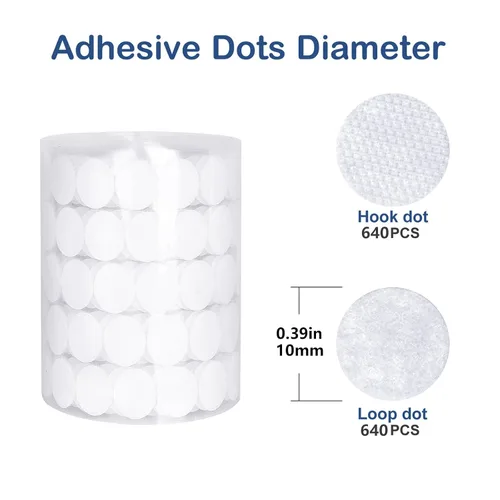 Miniatura 4 de Puntos autoadhesivos, adhesivo fuerte, 1280 piezas (640 pares) tiras redondas de 0.39 pulgadas, puntos circulares pequeños, cintas adhesivas