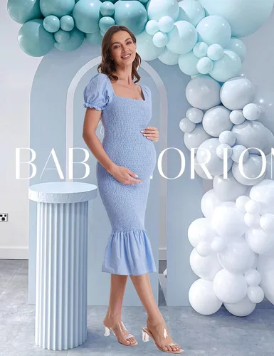 Miniatura 5 de Vestido de maternidad de verano a media pierna, manga corta abombada, cuello cuadrado, dobladillo con volantes, vestido de sirena para baby shower
