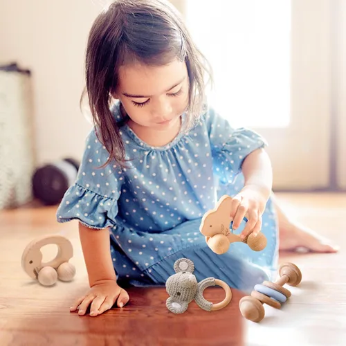 Miniatura 6 de let's make Sonajero de madera para bebé, 3 piezas, juego de sonajero de ganchillo, juguete Montessori de madera para recién nacidos, regalos de bebé