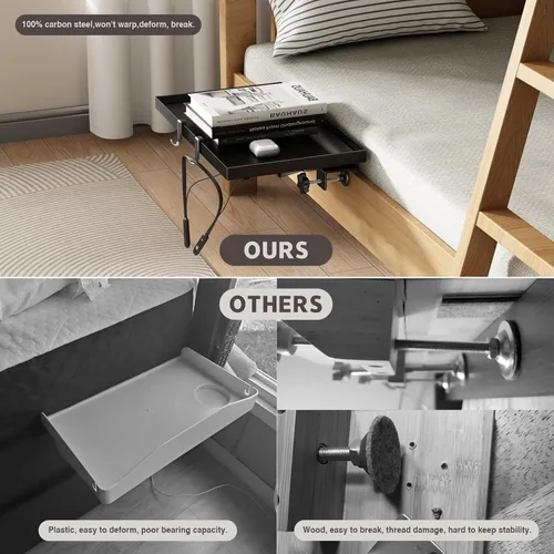 Miniatura 6 de Magheo Estante plegable para mesita de noche, estante de metal con clip para litera superior, bandeja de mesa auxiliar de cama resistente para Negro