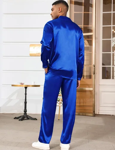 Miniatura 5 de LecGee Conjunto de 2 piezas de satén para hombre, con solapa, manga larga, con botones, pantalones deportivos con bolsillo, fiesta de club