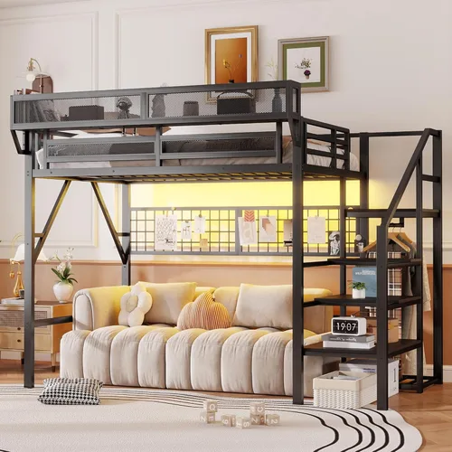 Miniatura 25 de KEIKI Estructura de Cama Loft de Metal Tamaño Twin con Escalera Convertible, Estantes de Almacenamiento Integrados y Armario, Cama Loft con Listones