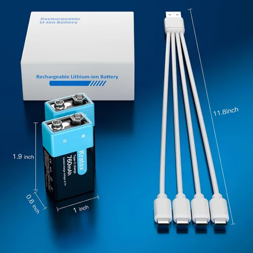 Miniatura 8 de Kratax Baterías de litio recargables USB de 9 V, paquete de 2 baterías recargables de iones de litio de 760 mAh de 9 voltios con cable de carga