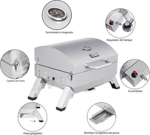 Miniatura 8 de Royal Gourmet GT1001 Parrilla portátil de acero inoxidable, 10000 BTU Parrilla de gas de mesa para barbacoa con patas plegables y tapa