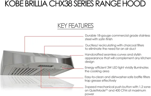 Miniatura 3 de KOBE CHX3830SQBD-3 Brillia Campana extractora bajo gabinete sin conductos de 30 pulgadas, 3 velocidades, 400 CFM, luces LED, filtros deflectores