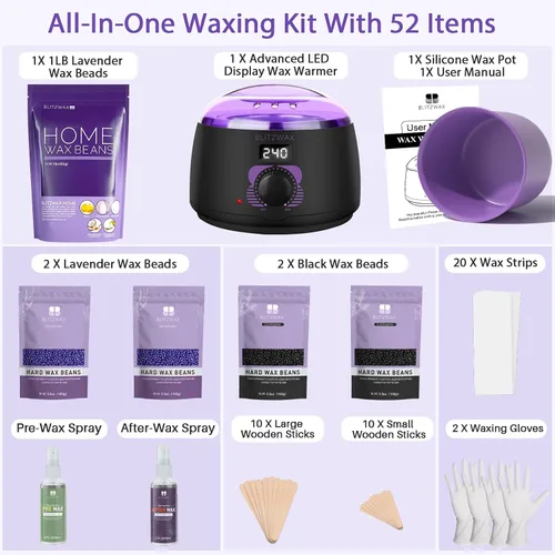 Miniatura 6 de BLITZWAX Kit de depilación brasileña y bikini con cuentas de cera de lavanda de 1 libra, calentador de cera dura para cara, piernas y cuerpo, kit