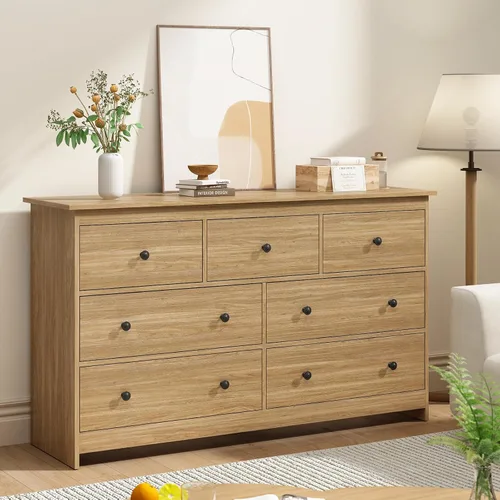 Miniatura 10 de Tradare Cómoda blanca de 7 cajones para dormitorio, cómoda de madera de 55 pulgadas de ancho con asas de metal, organizador moderno y grande