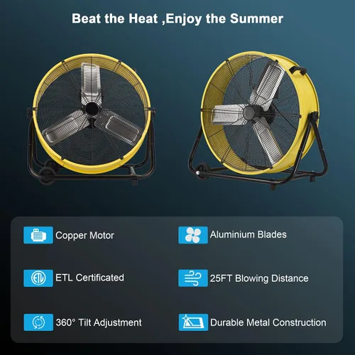 Miniatura 3 de Ventilador de tambor industrial de 24 pulgadas, ventilador de piso de alta velocidad de 8800 CFM, resistente, 3 velocidades, inclinación totalmente