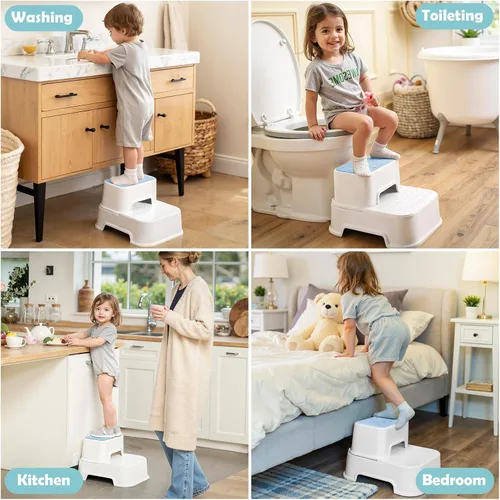 Miniatura 2 de Taburete de 2 escalones para niños, antideslizante multifuncional para baño, fregadero y inodoro para entrenamiento de orinal, soporta hasta 220 Azul