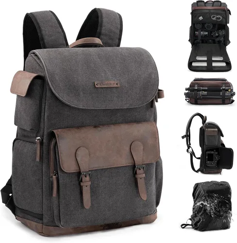 Miniatura 10 de Cwatcun Canvas Camera Backpack, DSLR SLR Camera Bags for Photographers with Waterproof Rain Cover, Camera Case with Laptop Compartment & Tripod