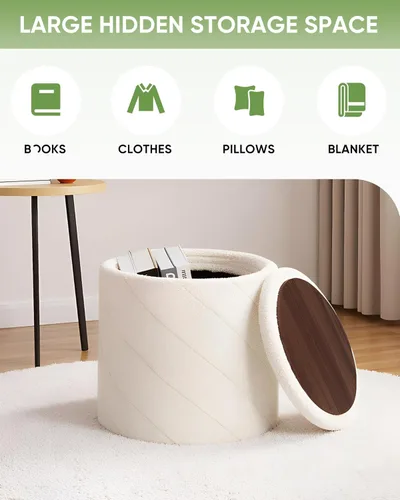 Miniatura 2 de B FSOBEIIALEO Otomana con almacenamiento, Otomana redonda de bouclé con bandeja, taburete reposapiés para dormitorio, sala de estar, blanco, 32,99