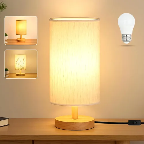 Miniatura 9 de Lámpara de escritorio con bombilla LED incluida, pequeña lámpara de mesita de noche enchufable, base de madera clásica con pantalla de tela de lino