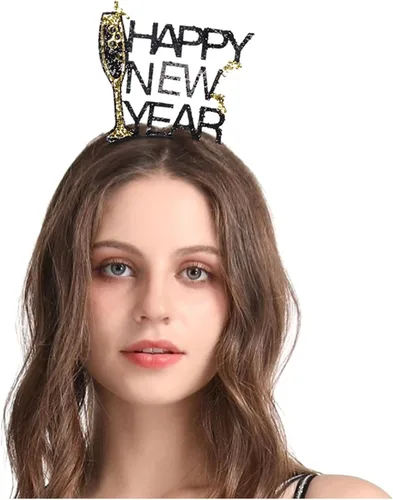 Miniatura 3 de Dzrige Diadema de feliz año nuevo con copas de vino tinto, copas de vino doradas y negras con purpurina para Año Nuevo para Año Nuevo, carnaval
