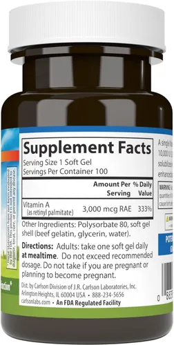 Miniatura 2 de Carlson - Vitamina A solubilizada, 10000 UI (3000 mcg RAE), soluble en agua, salud de la visión, 100 cápsulas blandas