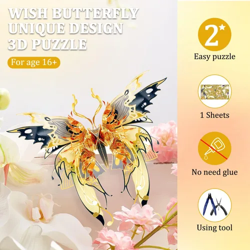 Miniatura 5 de Microworld Rompecabezas de metal 3D, 6 estilos de deseos de mariposa, kit de modelo de metal, bendición familiar, símbolo de la suerte, colección
