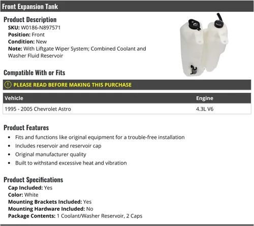 Marketplace Auto Parts Tanque de desbordamiento de refrigerante del radiador delantero y depósito de líquido de arandela, compatible con Chevy Astro