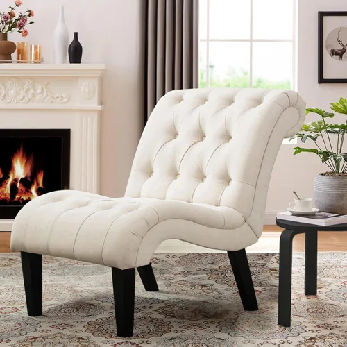 Miniatura 15 de Silla decorativa de piel sintética negra moderna con botones capitoné tapizada sin brazos para dormitorio, sala de estar con patas de madera